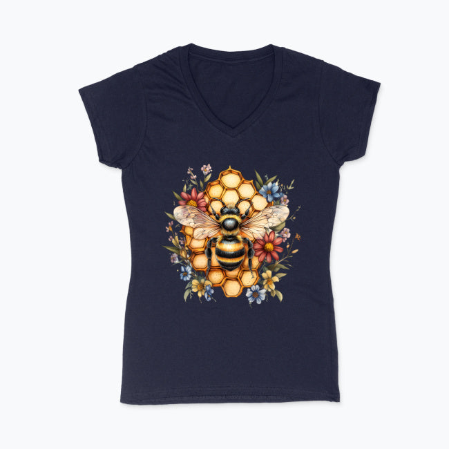 Koszulka damska V-neck - Pszczoła na plastrze miodu