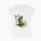 T-shirt damski V-neck z nadrukiem haftu - Zielona wróżka