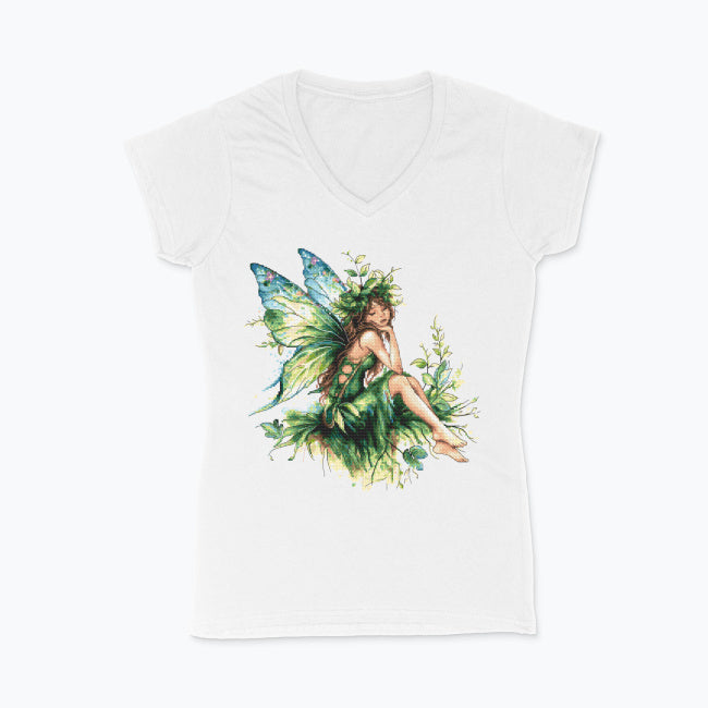 T-shirt damski V-neck z nadrukiem haftu - Zielona wróżka