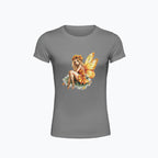 T-shirt damski z nadrukiem haftu - Pomarańczowa wróżka