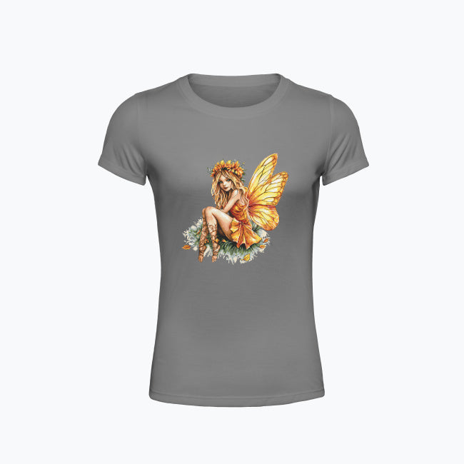 T-shirt damski z nadrukiem haftu - Pomarańczowa wróżka