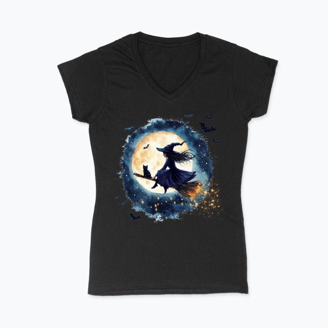 T-shirt damski V-neck - Czarownica i księżyc