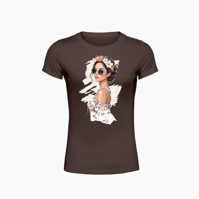 T-shirt damski z nadrukiem - Kobieta z wiankiem