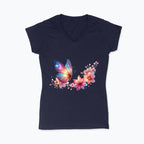 Koszulka damska V-neck - Motyl z kwiatami