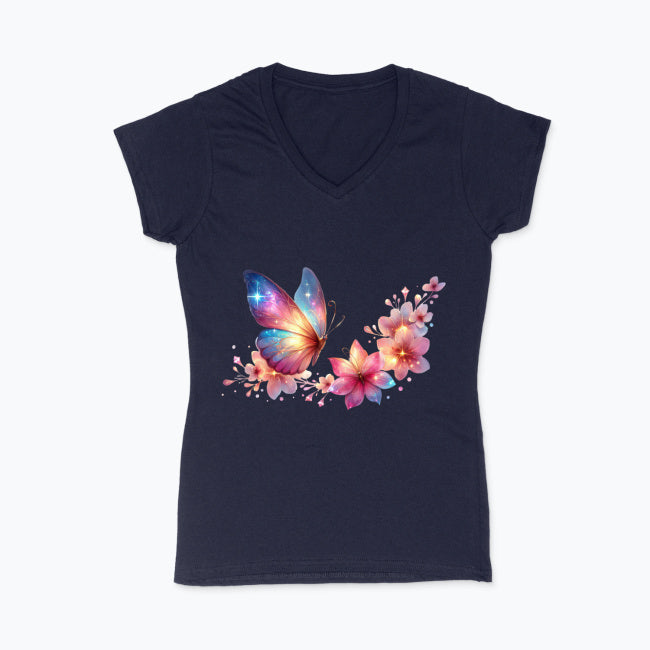 Koszulka damska V-neck - Motyl z kwiatami