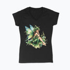 T-shirt damski V-neck z nadrukiem haftu - Zielona wróżka