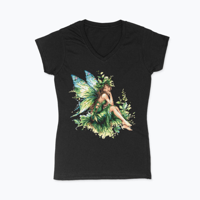 T-shirt damski V-neck z nadrukiem haftu - Zielona wróżka