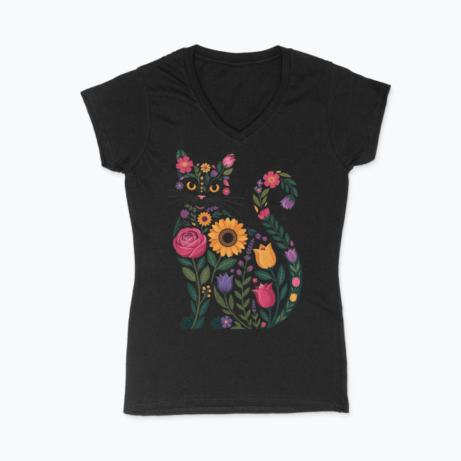 Koszulka damska V-neck - Kwiatowy kot