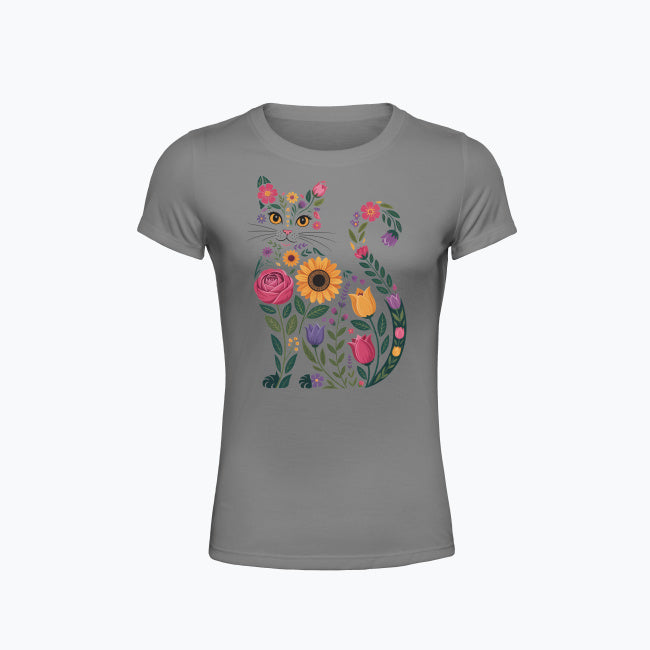 T-shirt damski z nadrukiem - Kwiatowy kot