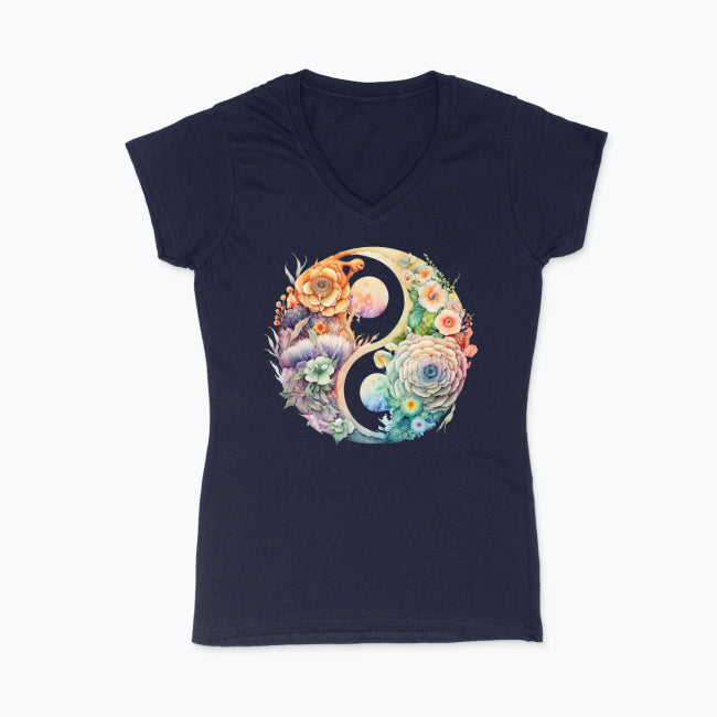 Koszulka damska V-neck - Kwiatowy Yin Yang