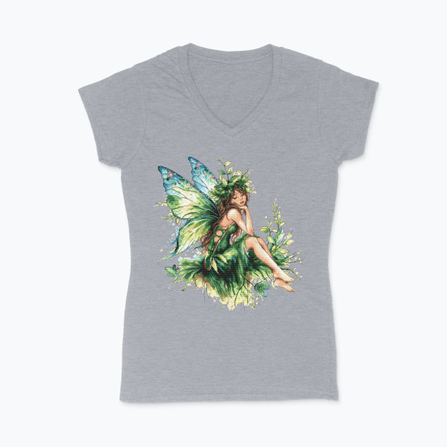 T-shirt damski V-neck z nadrukiem haftu - Zielona wróżka