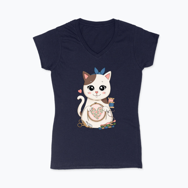 Koszulka damska V-neck - Haftujący kotek