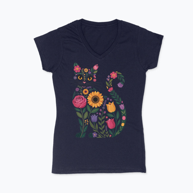 Koszulka damska V-neck - Kwiatowy kot