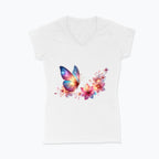 Koszulka damska V-neck - Motyl z kwiatami
