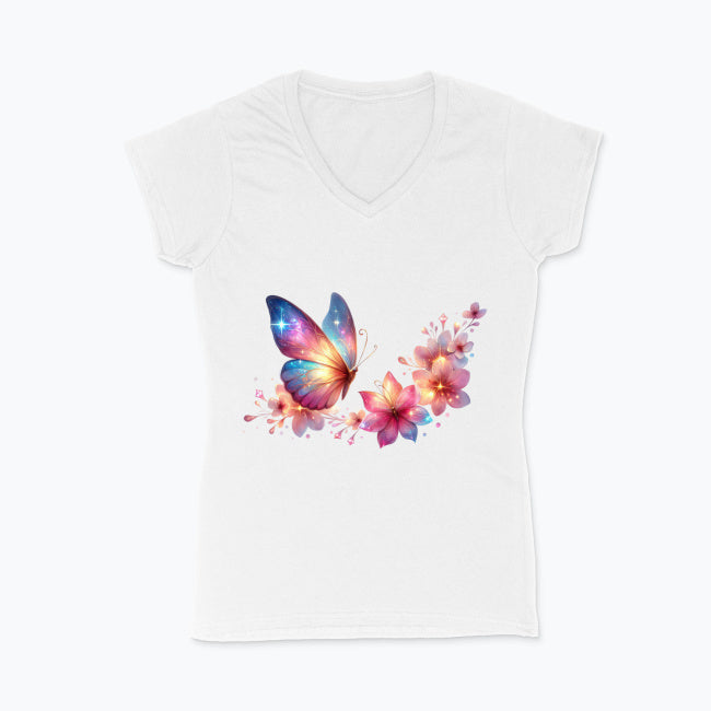 Koszulka damska V-neck - Motyl z kwiatami