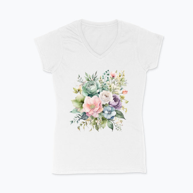 Koszulka damska V-neck - Pastelowe kwiaty