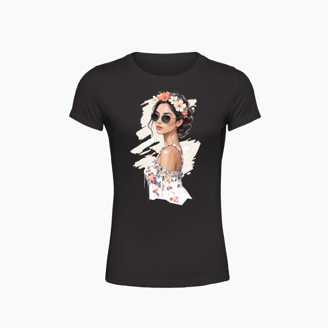 T-shirt damski z nadrukiem - Kobieta z wiankiem
