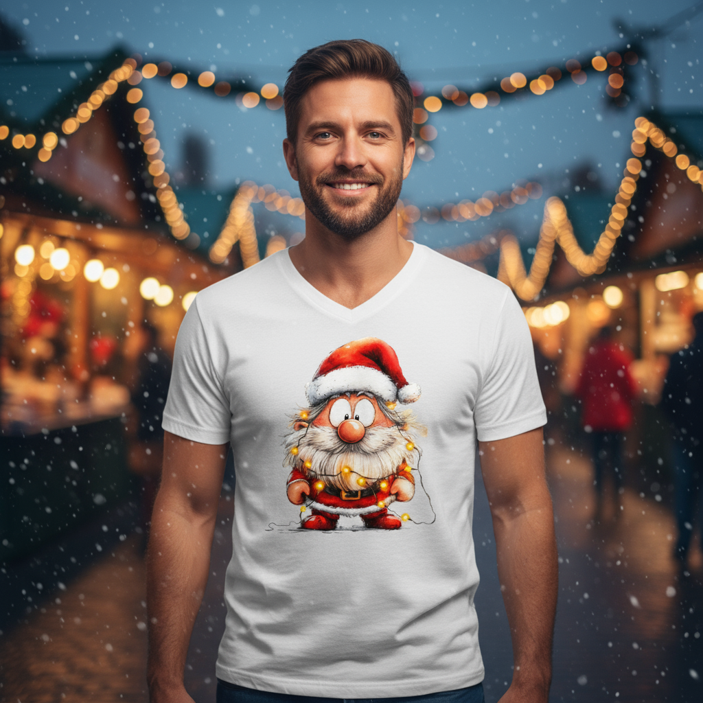Męska koszulka V-neck z nadrukiem - Przystrojony Mikołaj