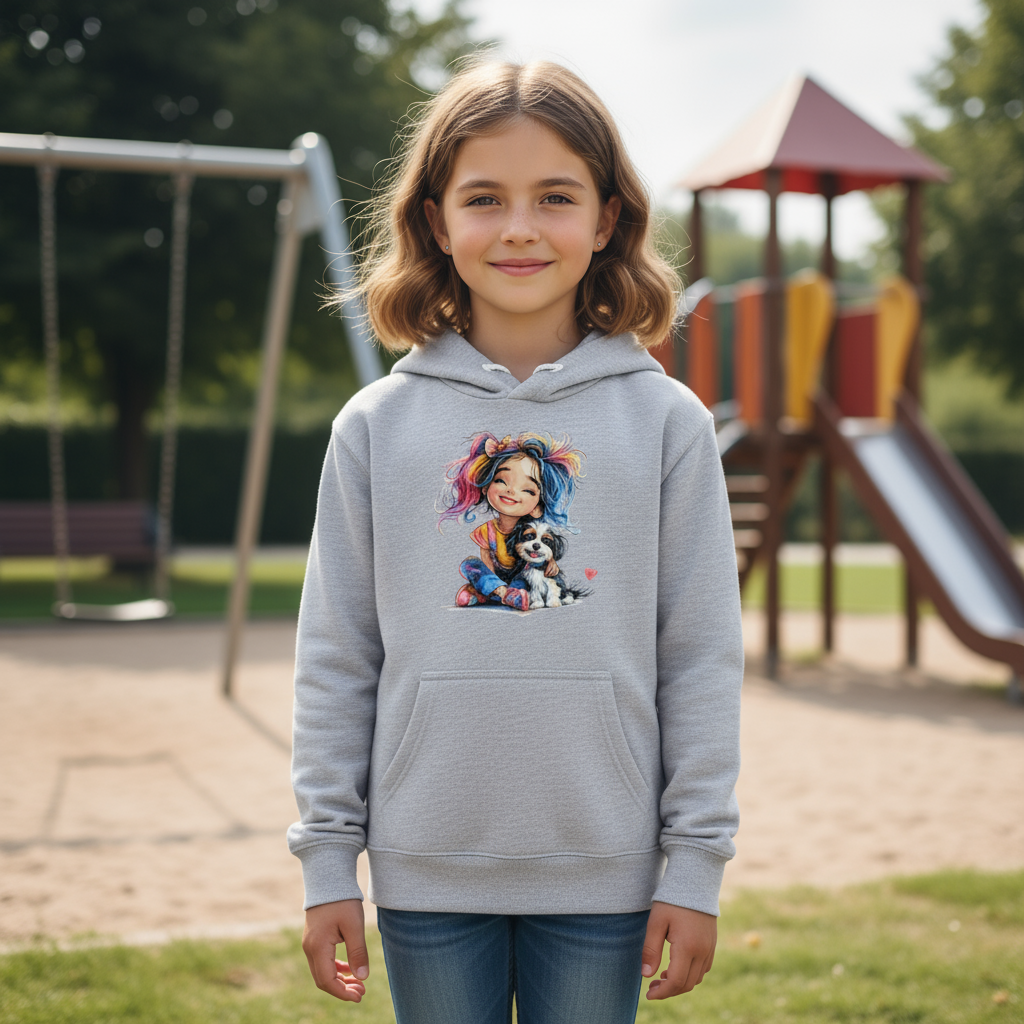 Dziecięca bluza z kapturem z nadrukiem haftu - Kolorowa dziewczynka