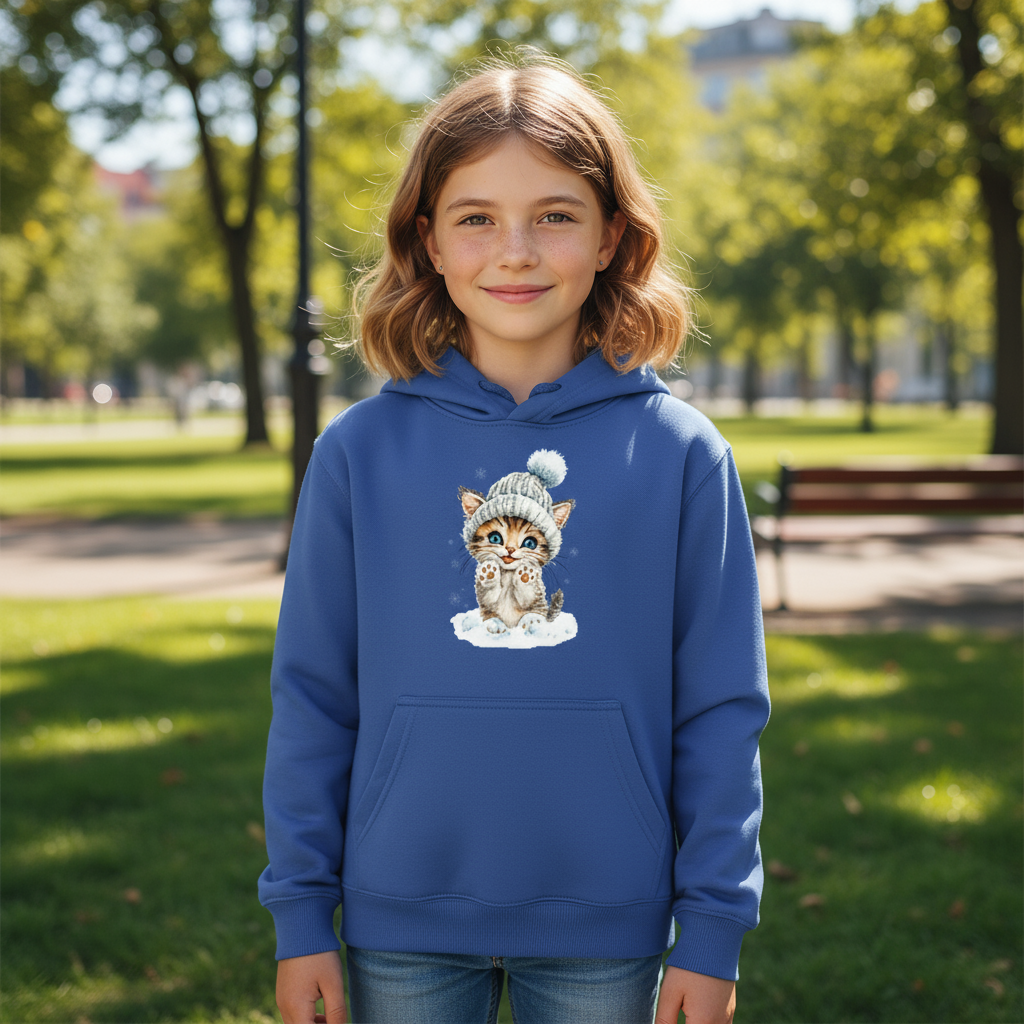 Bluza dziecięca z kapturem z nadrukiem haftu - Zimowy kotek