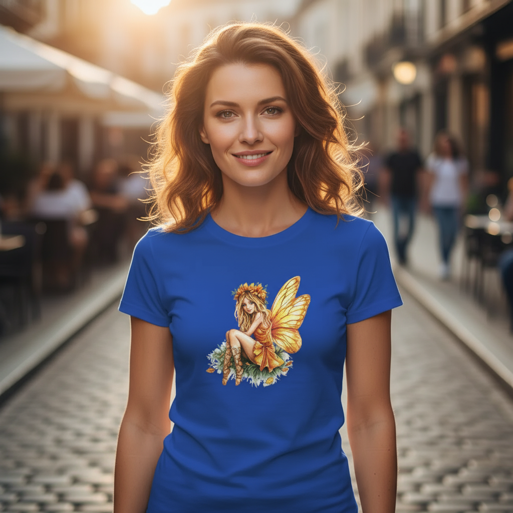 T-shirt damski z nadrukiem haftu - Pomarańczowa wróżka