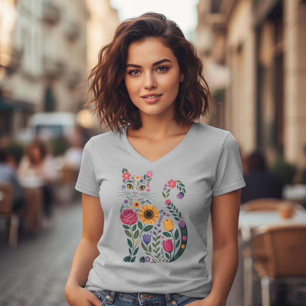 Koszulka damska V-neck - Kwiatowy kot