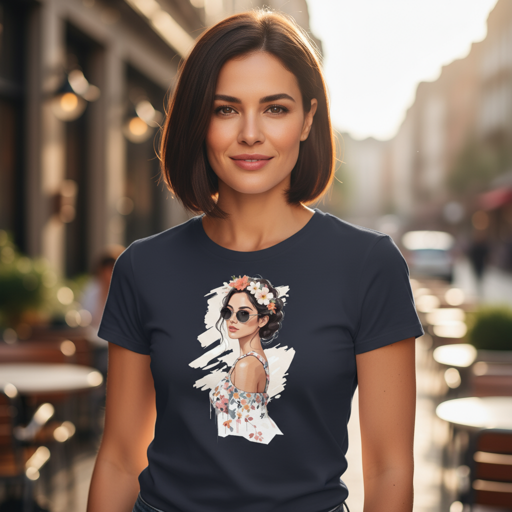 T-shirt damski z nadrukiem - Kobieta z wiankiem