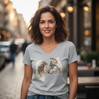 Koszulka damska V-neck z nadrukiem haftu - Kobieta i wilk