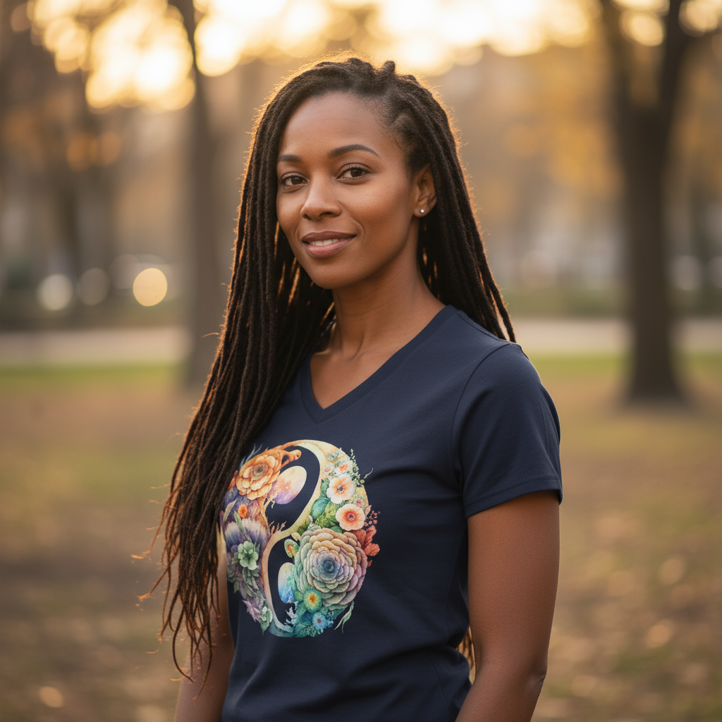 Koszulka damska V-neck - Kwiatowy Yin Yang