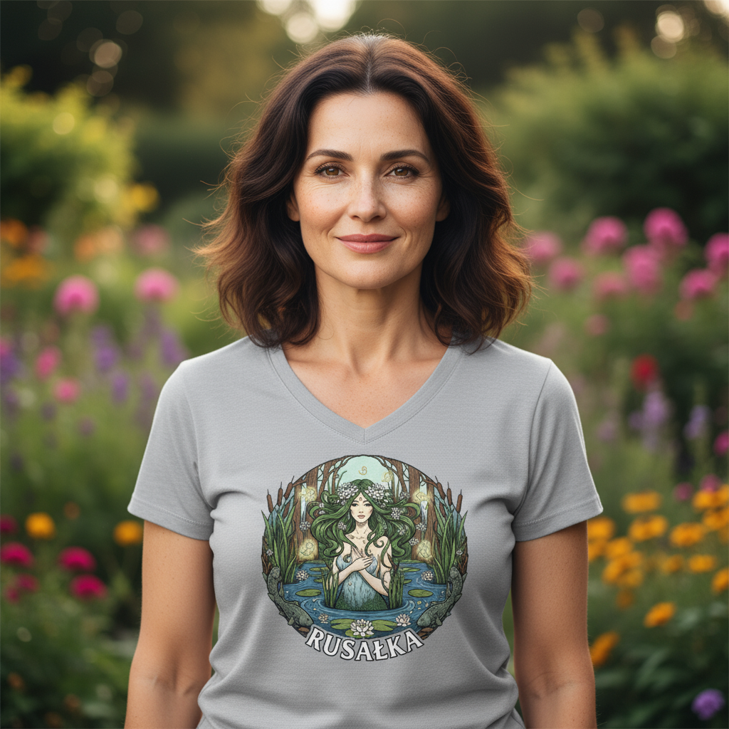 Koszulka damska V-neck z nadrukiem - Rusałka - Mitologia słowiańska