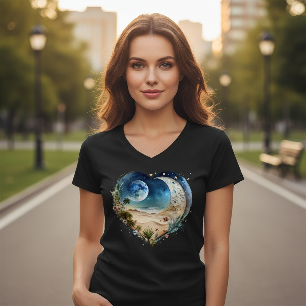Koszulka damska V-neck - Księżycowe serce