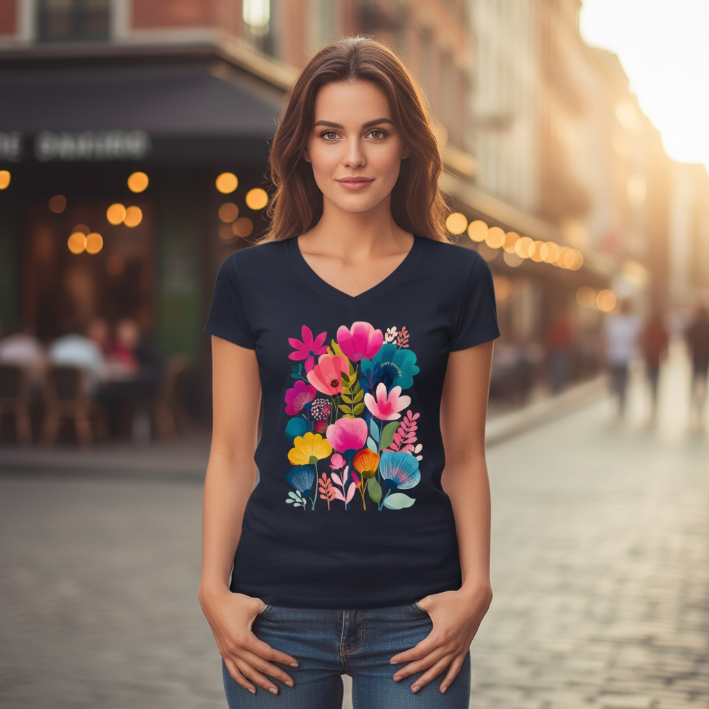 Koszulka damska V-neck - Kolorowe kwiaty