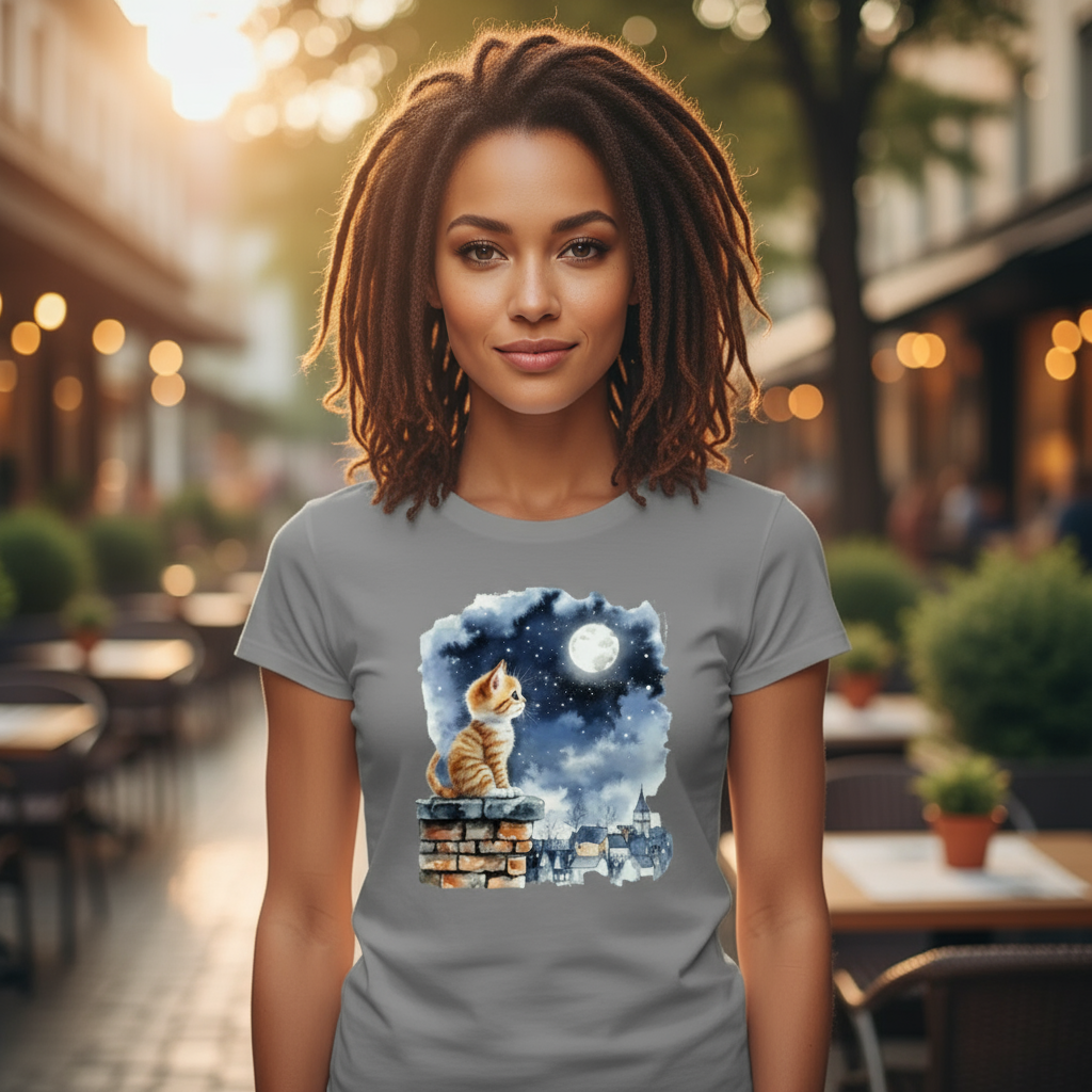 T-shirt damski z nadrukiem - Kotek na kominie