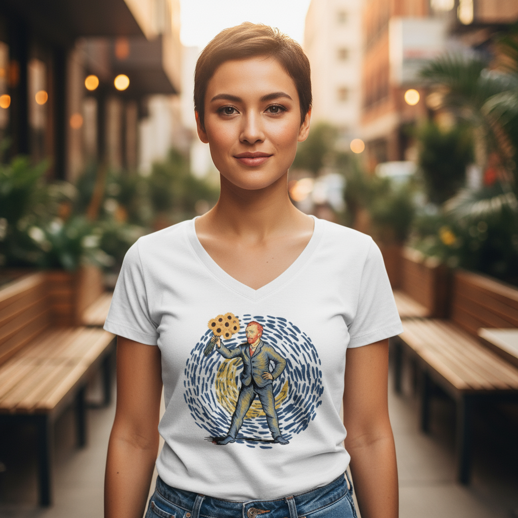 Koszulka damska V-neck - Vincent ze słonecznikami