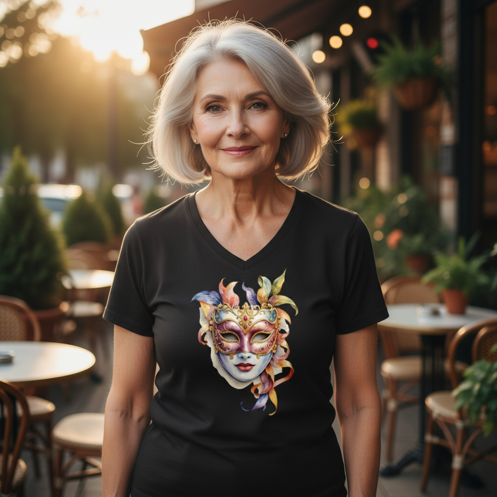 T-shirt damski V-neck - Maska karnawałowa