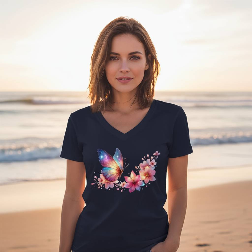 Koszulka damska V-neck - Motyl z kwiatami