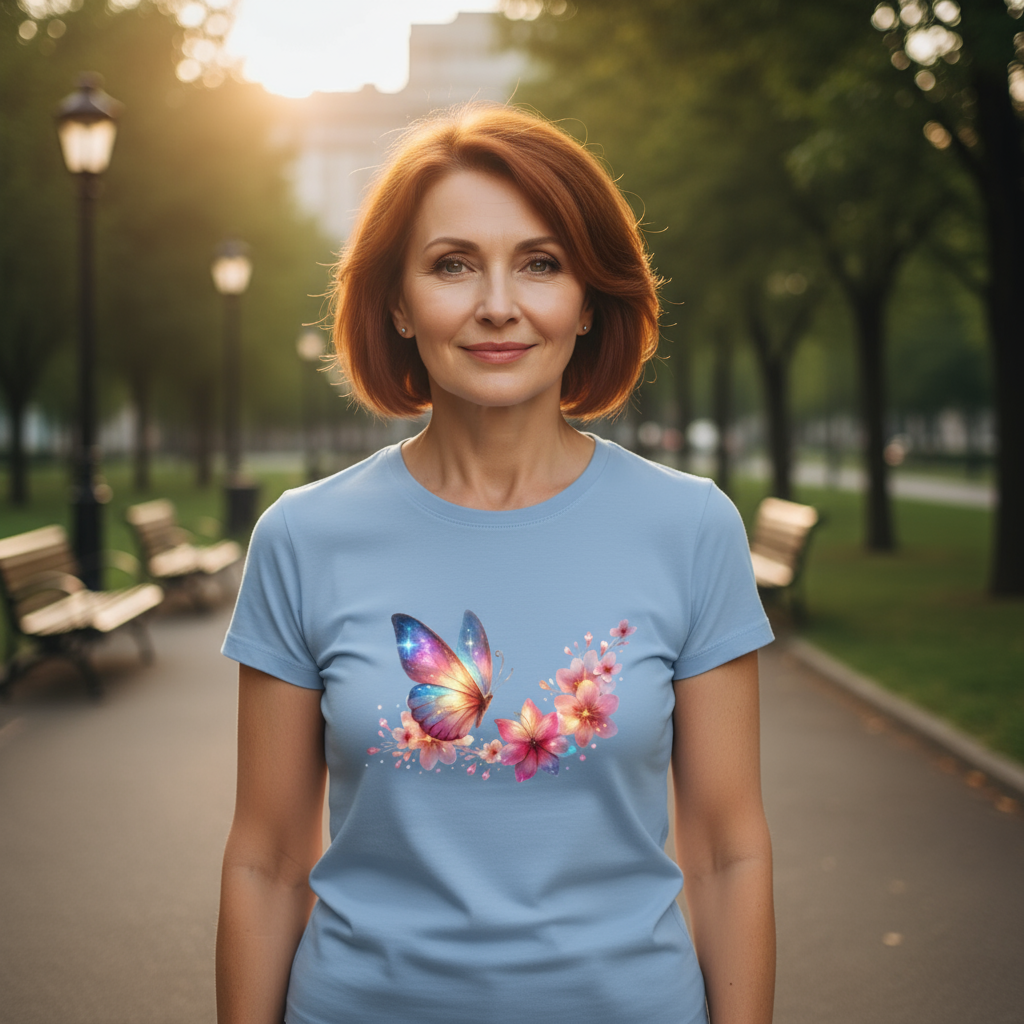 Koszulka damska z nadrukiem - Motyl z kwiatami