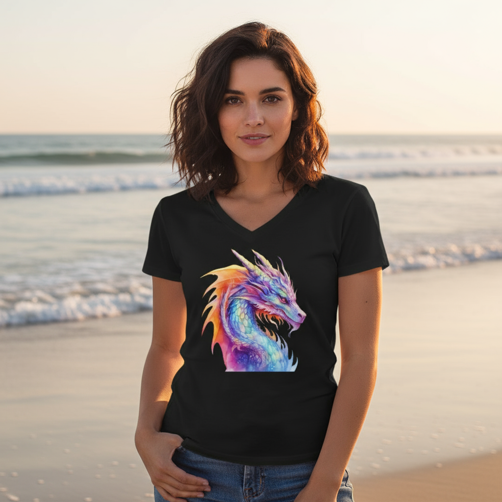 Koszulka damska V-neck - Kolorowy smok