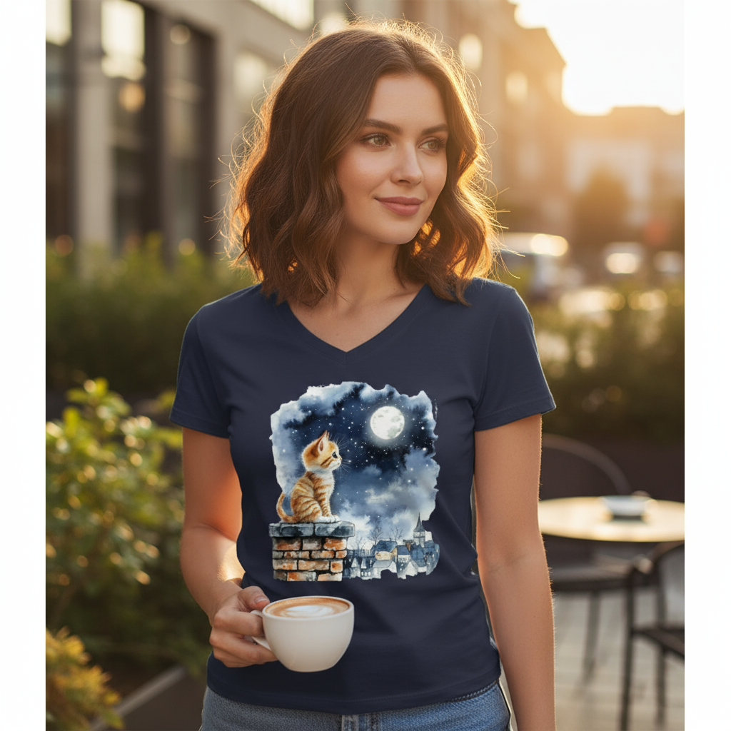 T-shirt damski V-neck - Kotek na kominie
