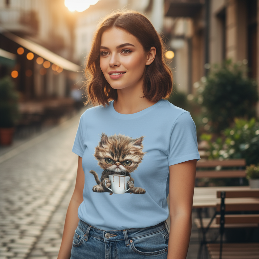 T-shirt damska z nadrukiem - Pan Mruczek Kawosz