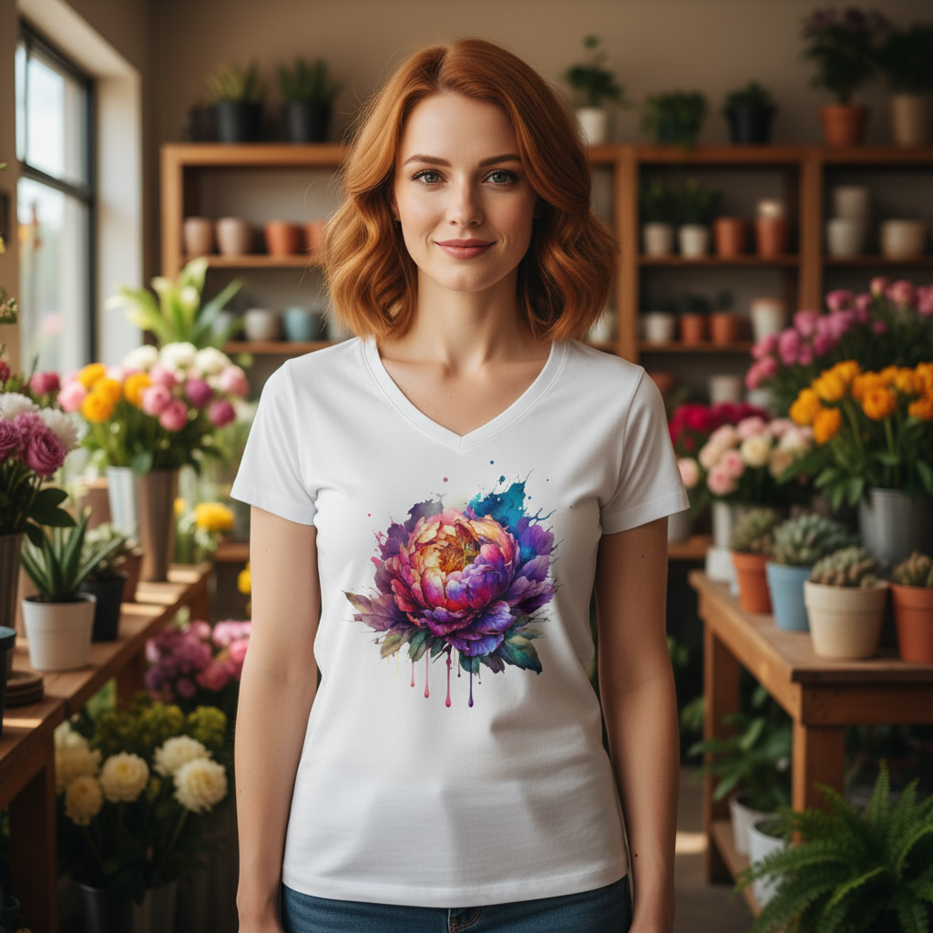 Koszulka damska V-neck z nadrukiem - Kwiat pełen kolorów
