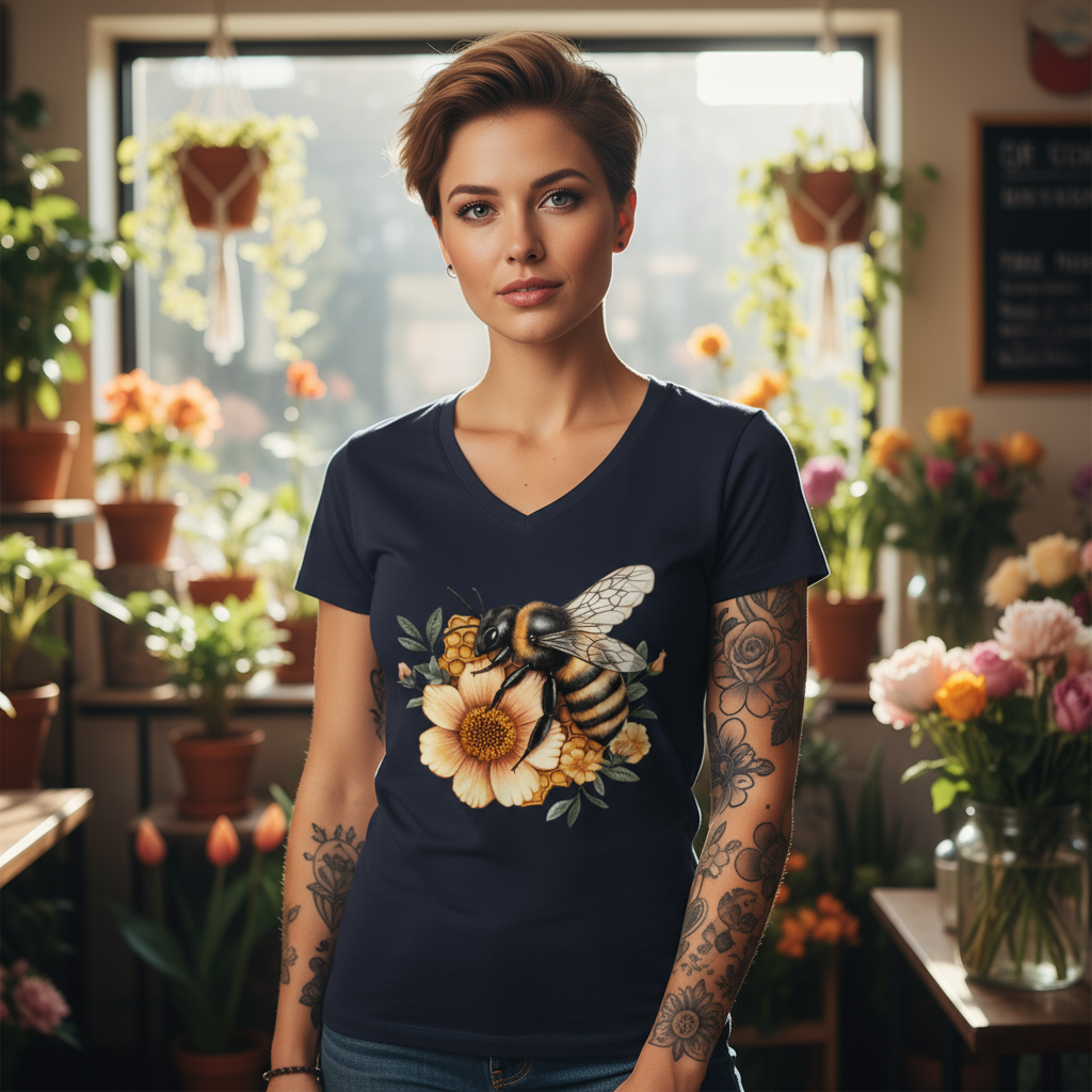 Koszulka damska V-neck - Kwiat z pszczołą