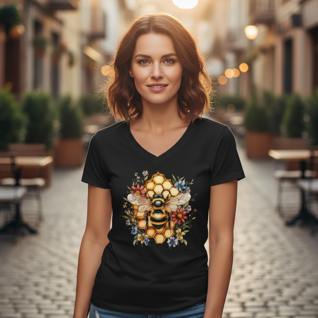 Koszulka damska V-neck - Pszczoła na plastrze miodu