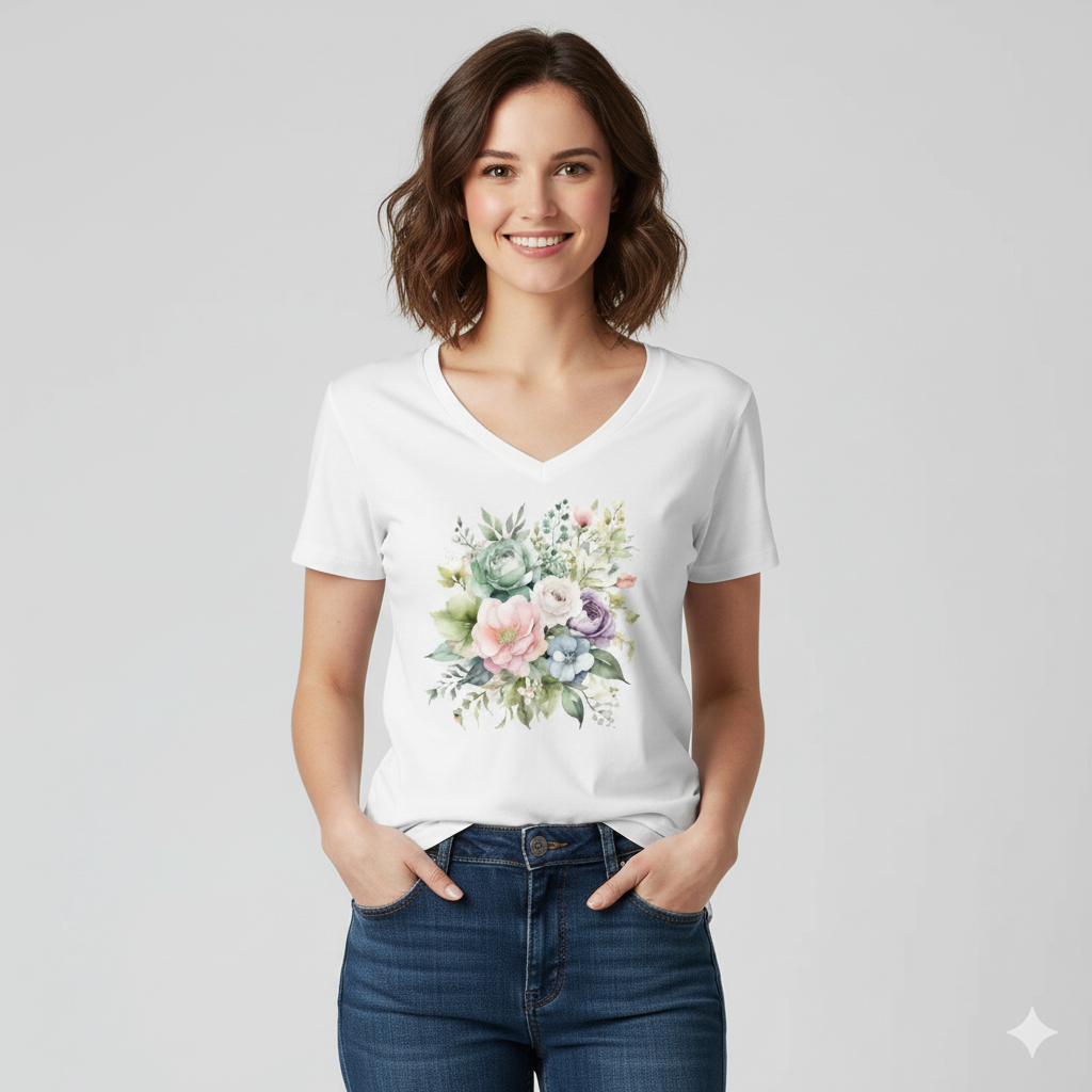 Koszulka damska V-neck - Pastelowe kwiaty