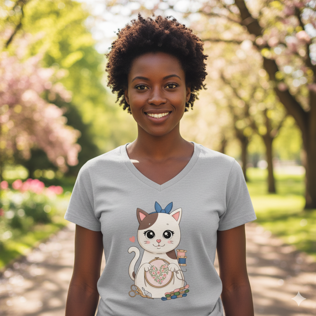 Koszulka damska V-neck - Haftujący kotek