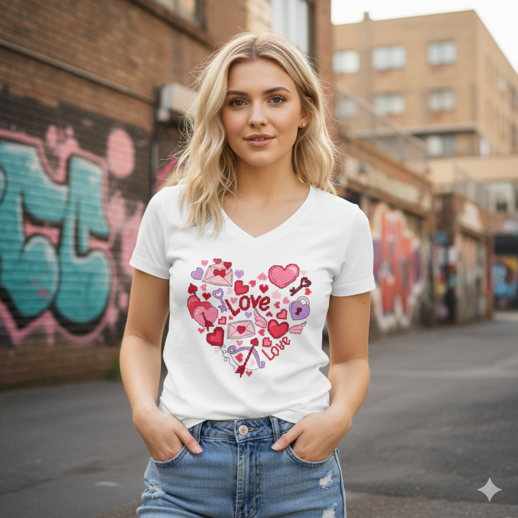 Koszulka damska V-neck z nadrukiem haftu - Serce Love