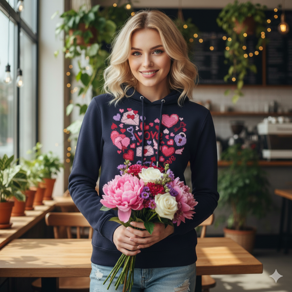 Damska bluza z kapturem z nadrukiem haftu - Serce Love