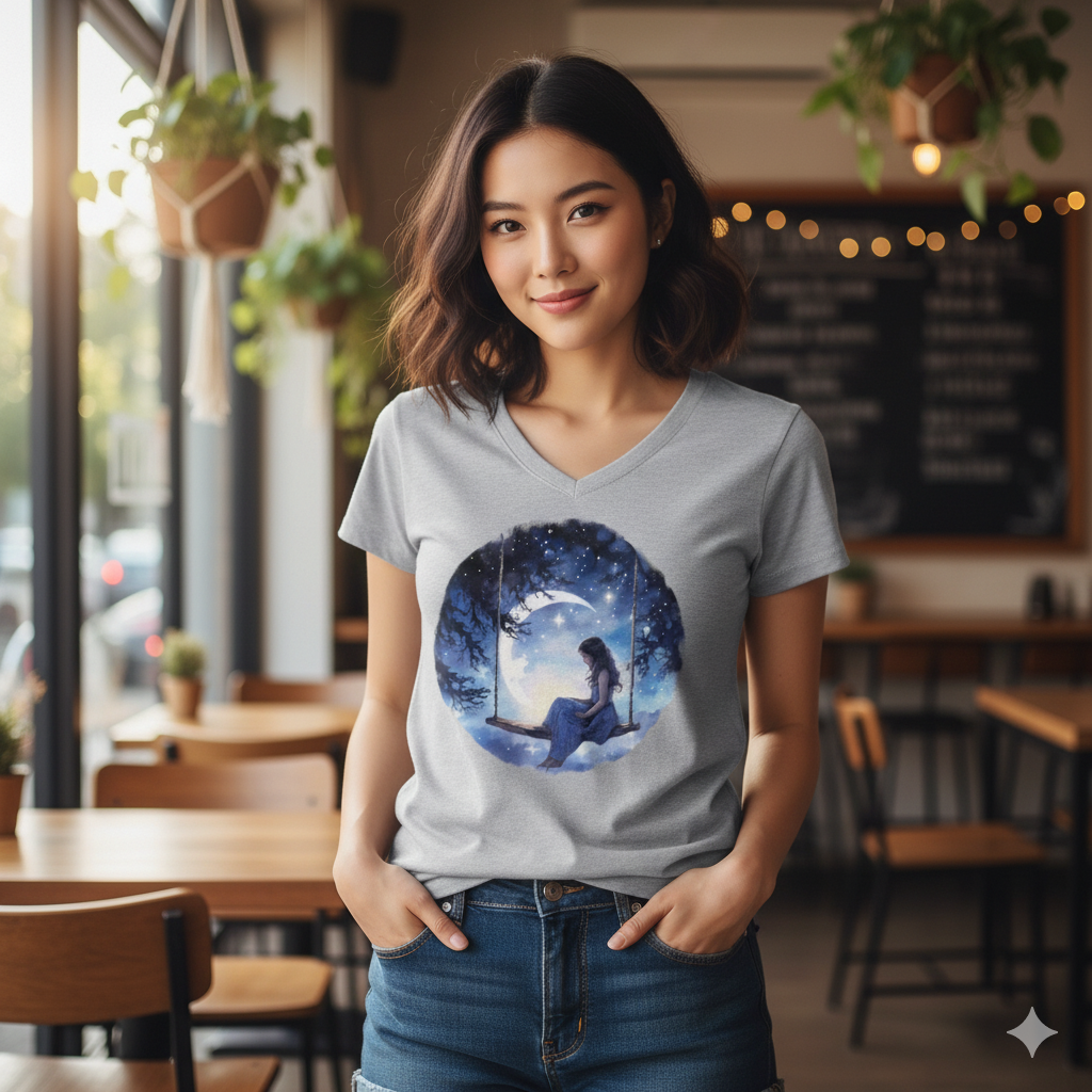 Koszulka damska V-neck - Księżycowa huśtawka